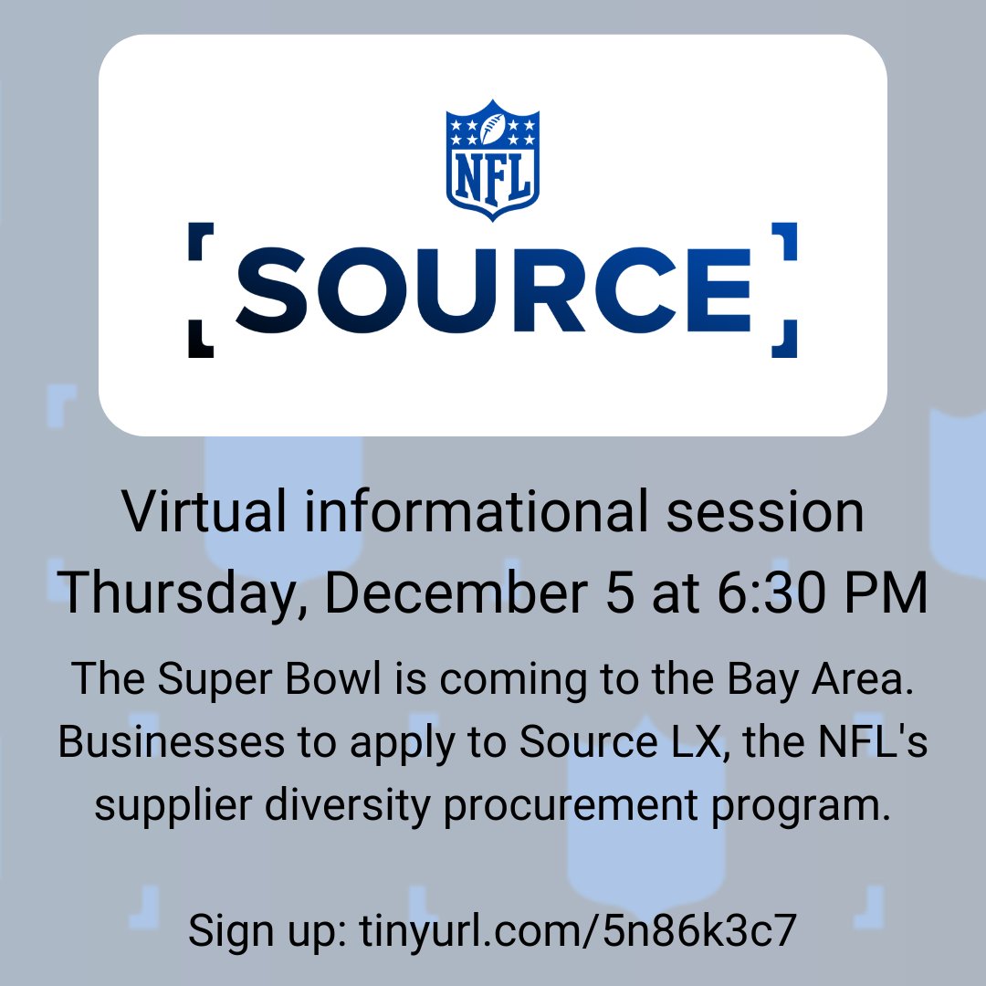 San Francisco Office of Small Business (@sfosb) on Twitter photo Source LX is an 11-month program from the <a href="/NFL/">NFL</a> <a href="/49ers/">San Francisco 49ers</a> and <a href="/bahostcommittee/">bayareahostcommittee</a> where local businesses can apply work related to the Super Bowl coming to the Bay Area.
Learn more: tinyurl.com/5n86k3c7 Source LX is an 11-month program from the <a href="/NFL/">NFL</a> <a href="/49ers/">San Francisco 49ers</a> and <a href="/bahostcommittee/">bayareahostcommittee</a> where local businesses can apply work related to the Super Bowl coming to the Bay Area.
Learn more: tinyurl.com/5n86k3c7