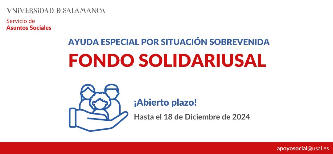 Ayuda Especial por Situación Sobrevenida para contribuir a paliar las dificultades que puedan afectar a nuestros estudiantes, favoreciendo así la continuación de estudios conducentes a la obtención de un título oficial en la USAL. Info: sas.usal.es/fondo-solidari…
