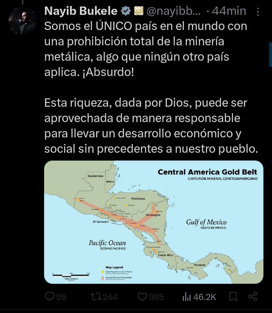 Uno pensaria que con el bitcoin, el tren del pacifico, la energia nuclear, el aeropuerto de la Unión, el satelite en orbita ya  seriamos un país rico

No pueden tapar un puto hoyo en la calle y se quieren poner a minar oro, que ninguno de los Salvadoreños vamos a ver  🤡