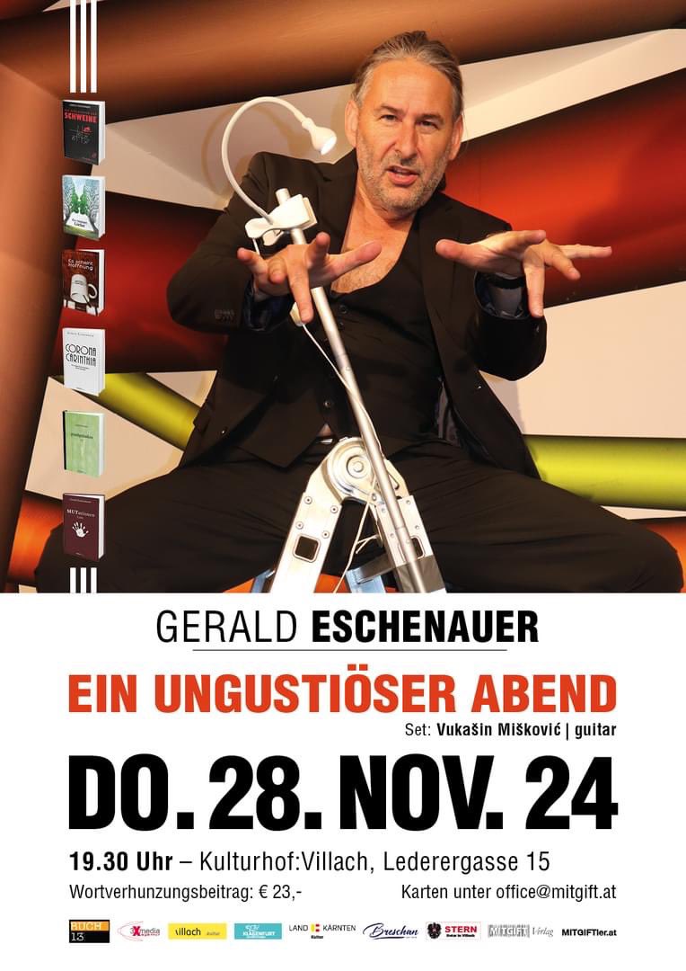 e_ursula's tweet photo. Ein ungustiöser Abend 
Do. 28. Nov. 19.30 Uhr - Kulturhof:Kultur - Kultur Stadt Villach
Von Biene Maja über Nina Hagen bis zu Donald Trump - im O-Ton. Vukasin Miskovic würgt die Gitarre 
, Gerald Eschenauer das Wort.
https://t.co/xGe0TxfARq https://t.co/iN5HlcZXIk