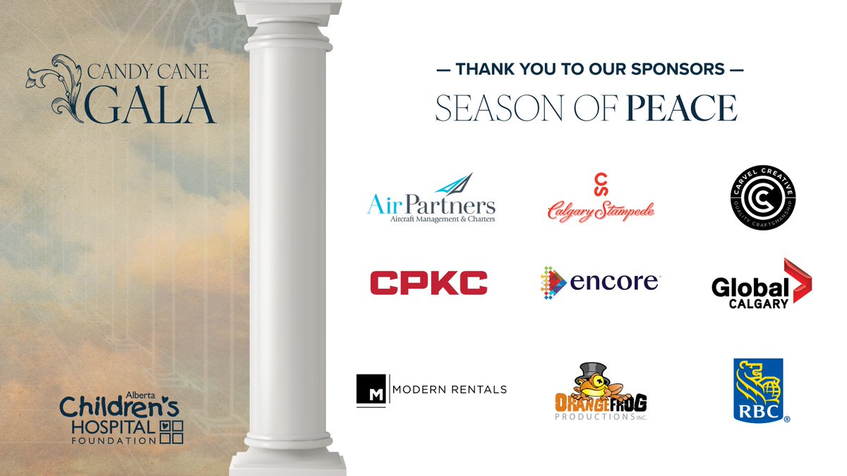 Alberta Children's Hospital Foundation (@achfkids) on Twitter photo THANK YOU to our amazing #CandyCaneGala2024 sponsors, who are helping write the next chapter in child health! We are so grateful for Air Partners, <a href="/calgarystampede/">Calgary Stampede</a>, @CanadianPacific, <a href="/carvelcreative/">Carvel</a>, Encore, <a href="/GlobalCalgary/">Global Calgary</a>, Modern Rentals, Orange Frog Productions & <a href="/RBC/">RBC</a>. THANK YOU to our amazing #CandyCaneGala2024 sponsors, who are helping write the next chapter in child health! We are so grateful for Air Partners, <a href="/calgarystampede/">Calgary Stampede</a>, @CanadianPacific, <a href="/carvelcreative/">Carvel</a>, Encore, <a href="/GlobalCalgary/">Global Calgary</a>, Modern Rentals, Orange Frog Productions & <a href="/RBC/">RBC</a>.