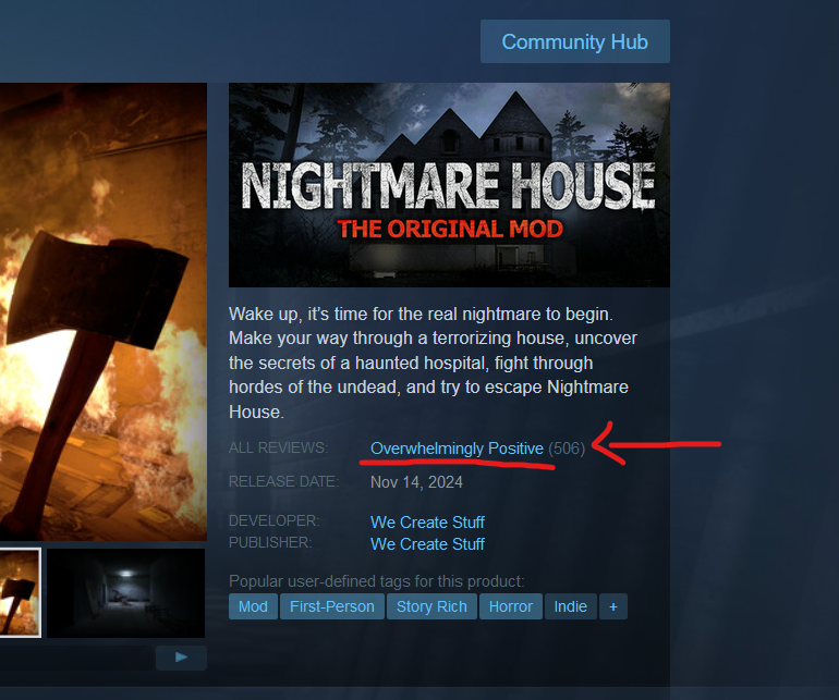 wecreatestuff's tweet photo. Nightmare House is at 97% overwhelmingly positive reviews 🪓🏚️ Source is still so much fun

Thank you for playing again!! https://t.co/ekWGVi9Qki