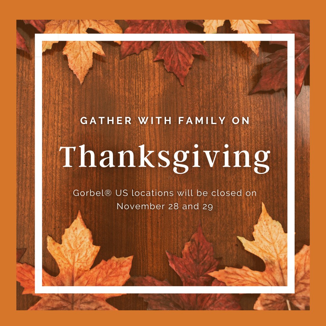 Gorbel® US locations will be closed on Thursday and Friday, November 28-29. We will reopen on Monday, December 2.

#Gorbel #Thanksgiving #Grateful