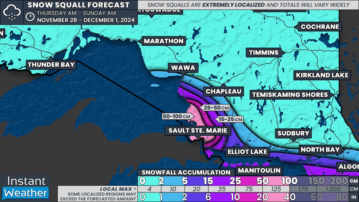 #ONStorm #ONwx ⚠️❄️ Intense Snow Squalls Could Bring Up to 50-100cm of Snow to Parts of Ontario This Weekend

📅 Thursday, November 28 - Monday, December 2, 2024

⤵️ VIEW THE FULL FORECAST:
instantweatherinc.com/article/ontari…

DISCLAIMER: It’s important to note that snow squalls are highly