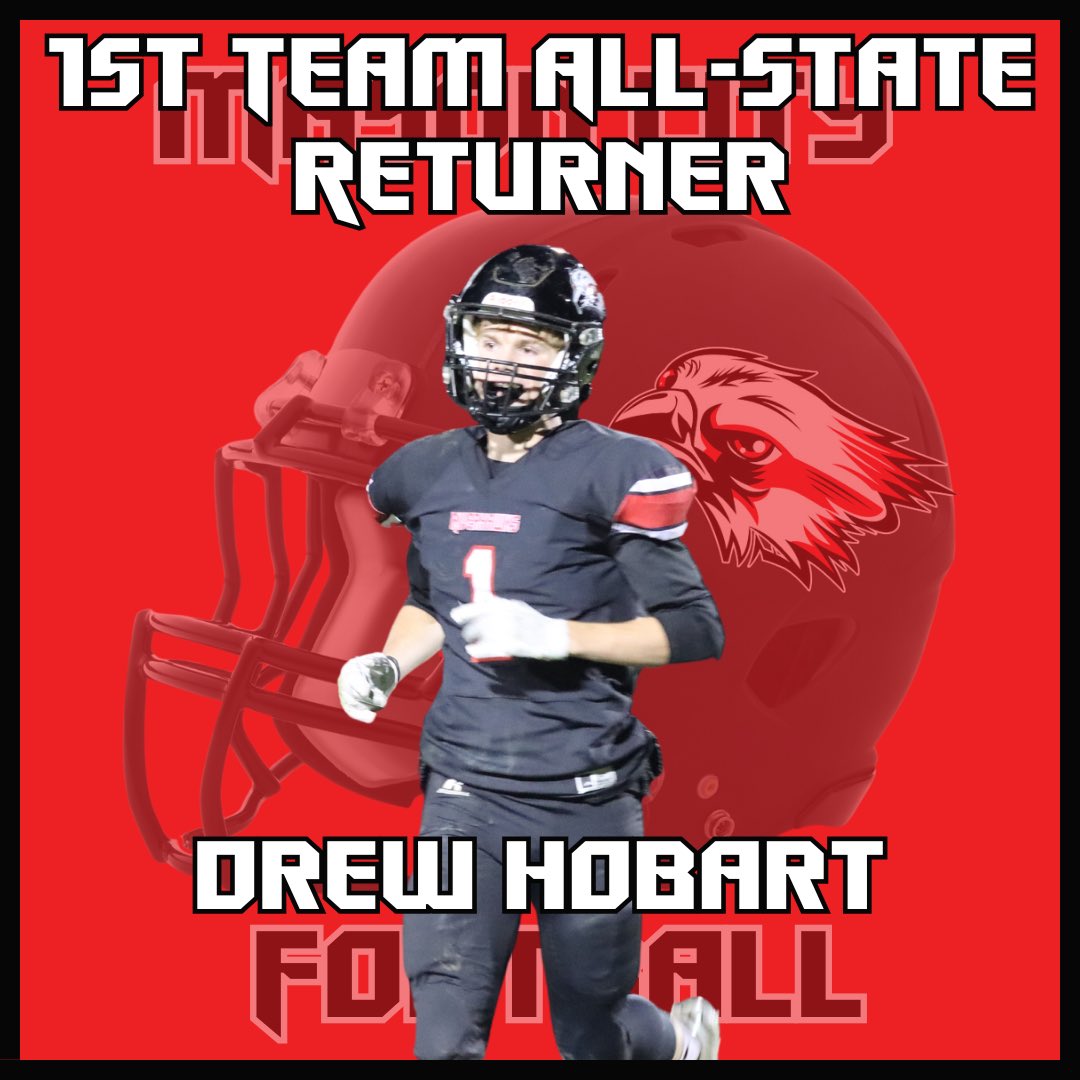 All-State Alert🚨  
Huge congrats to Drew Hobart on being named 1st Team All-State Returner 💥🔥  
- **3 TD returns
- **40+ yds/return Ave
- Led 4A WRs reg season: **787 yds
- **50 catches**  
- **10 TDs**  
A season for the record books! 🎯 #WingsUp #TalonsOut #Riverhawks