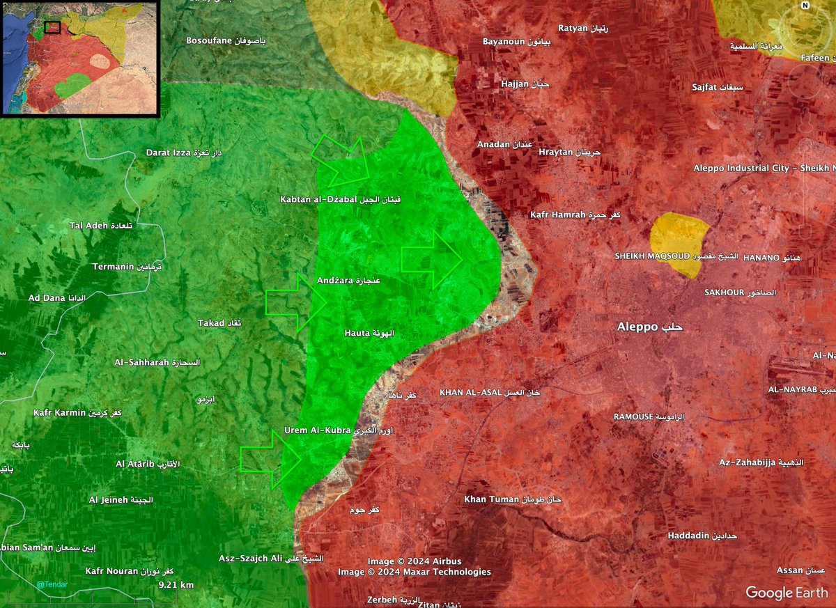 Tendar's tweet photo. After more than 4 years of static frontlines, Syrian rebel factions (HTS) launched a surprise offensive against Assad regime held areas in the Aleppo area and are only a few kilometers away from Aleppo city. 

Along the destruction of Assad units, Syrian rebels destroyed several Russian soldiers and took at least one Russian POW.