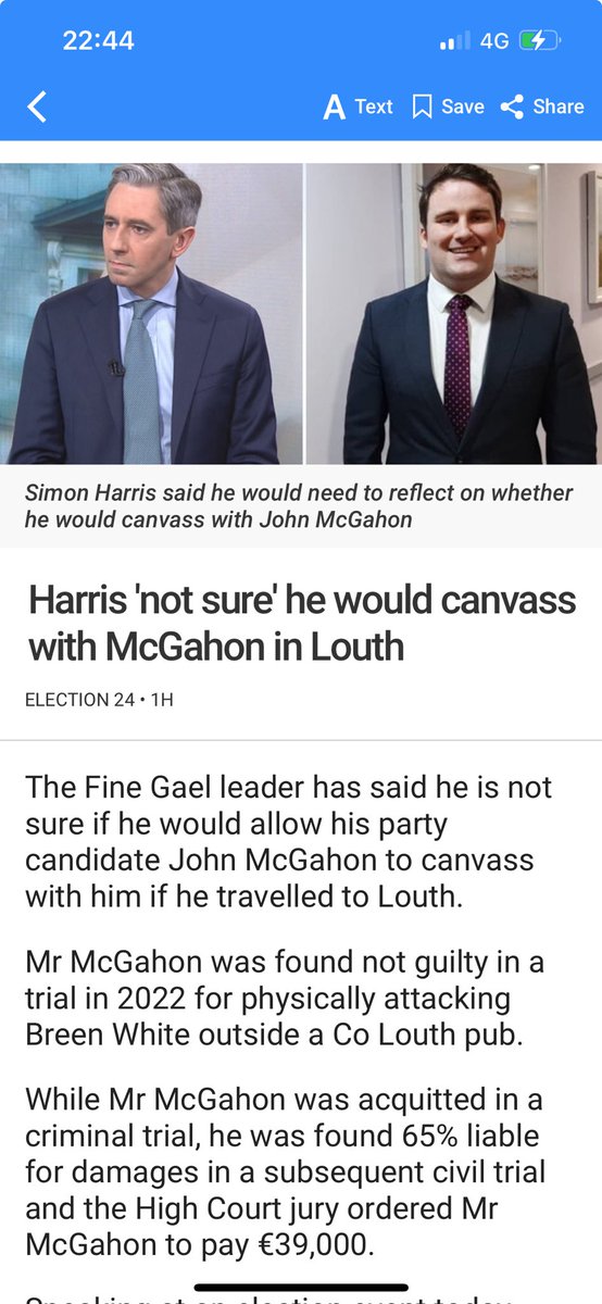 CMHaughey's tweet photo. Ongoing controversy #Louth #GE24 candidate #JohnMcGahon, found liable for assault in civil trial. 

36 hrs 2 go &amp; leader of ⁦@FineGael, ⁦@SimonHarrisTD⁩ floundering about supporting his own election hopefuls, refers 2 assault as “inappropriate behaviour”
#VoteForChange https://t.co/0E8EU21soW