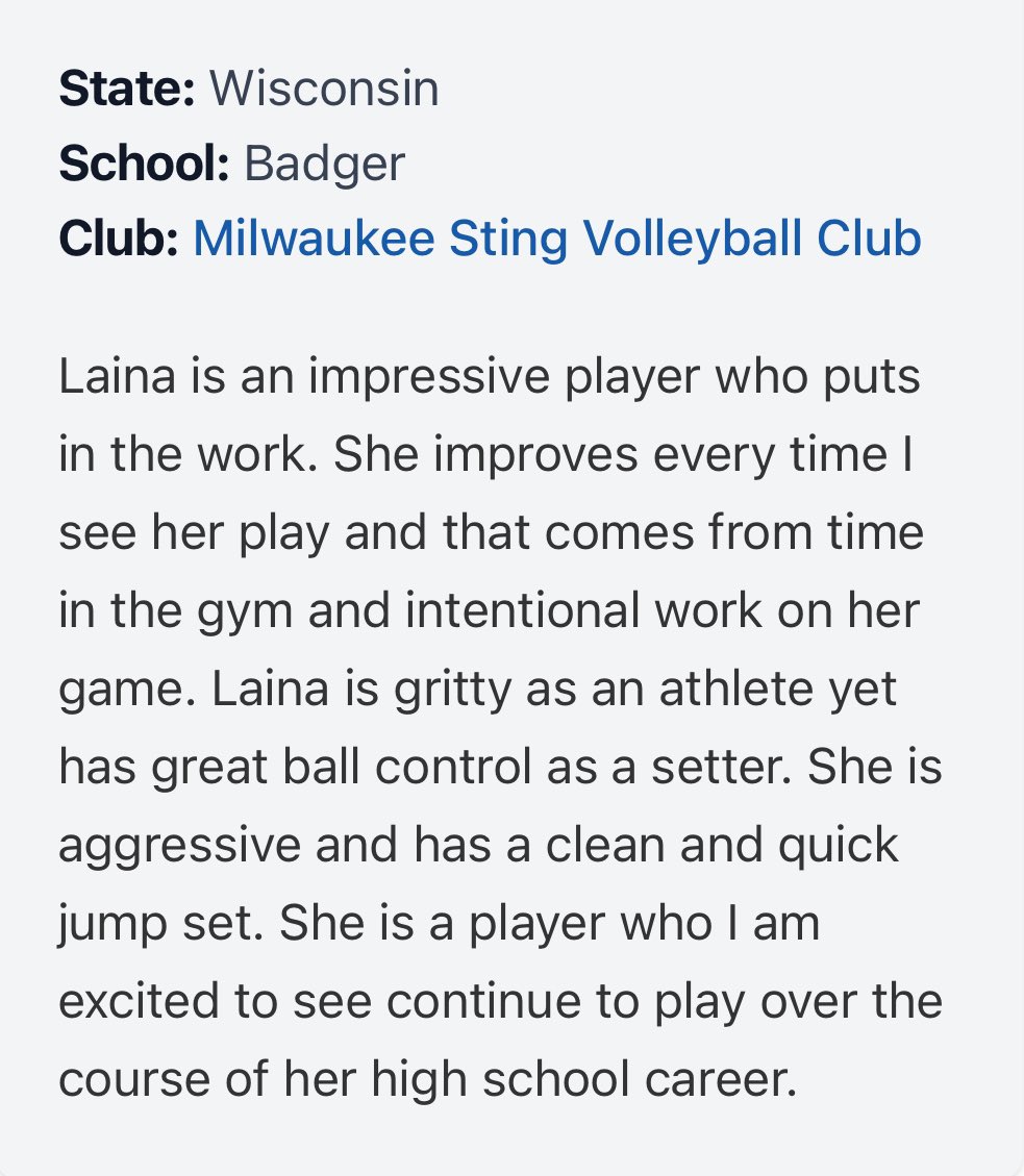 Laina (@lainakirsch2027) on Twitter photo Thank you so much <a href="/prepdigrachel/">PrepDigRachel</a> ! I canβt wait for another club season with <a href="/stingvb1988/">Milwaukee Sting π</a>
See you out there <a href="/PrepDig/">Prep Dig π</a> <a href="/PrepDigWI/">Prep Dig Wisconsin</a>
#classof2027 #setter #clubvolleyball #volleyball <a href="/RecruitMKESting/">Milwaukee Sting Volleyball Recruiting</a> #prepdig Thank you so much <a href="/prepdigrachel/">PrepDigRachel</a> ! I canβt wait for another club season with <a href="/stingvb1988/">Milwaukee Sting π</a>
See you out there <a href="/PrepDig/">Prep Dig π</a> <a href="/PrepDigWI/">Prep Dig Wisconsin</a>
#classof2027 #setter #clubvolleyball #volleyball <a href="/RecruitMKESting/">Milwaukee Sting Volleyball Recruiting</a> #prepdig