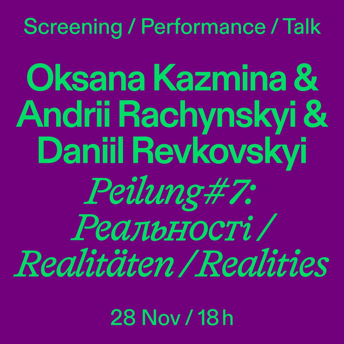 Реальності / Realitäten / Realities is the latest iteration of “Peilung”, a series initiated by Lada Nakonechna &amp; Bettina Klein in 2022 that offers artists, filmmakers, &amp; researchers from Ukraine a platform for presenting their work.

berliner-kuenstlerprogramm.de/en/events/peil…
