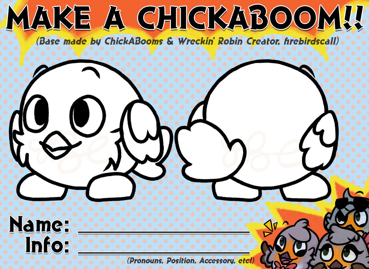 firebirdscall's tweet photo. Due to some requests, I've decided to make a base for personalized ChickABooms! If you want me to see them (and maybe use them in future Robin content), post them under #ChickABoomCoop! Check out the rules, too! 🪶🛠️💥
-----
#FindingFrankie #FindingFrankiefanart #FindingFrankieOC https://t.co/c6DAmz1dcI
