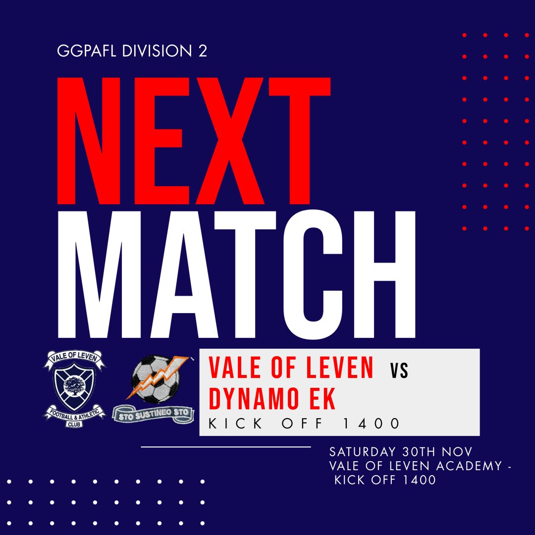 Vale of Leven AFC (@valeoflevenafc) on Twitter photo ๐ | ๐๐ ๐๐๐๐
๐ | League <a href="/GGPAFL/">Greater Glasgow Premier AFL</a>
๐๏ธ | <a href="/dynamoek/">dynamoekfcest1969</a>
๐ | Vale Academy
๐ | Sat 30th Nov
๐ | 1400
<a href="/scottish_aff/">AmateurFixturesResultsSCO</a> ๐ | ๐๐ ๐๐๐๐
๐ | League <a href="/GGPAFL/">Greater Glasgow Premier AFL</a>
๐๏ธ | <a href="/dynamoek/">dynamoekfcest1969</a>
๐ | Vale Academy
๐ | Sat 30th Nov
๐ | 1400
<a href="/scottish_aff/">AmateurFixturesResultsSCO</a>