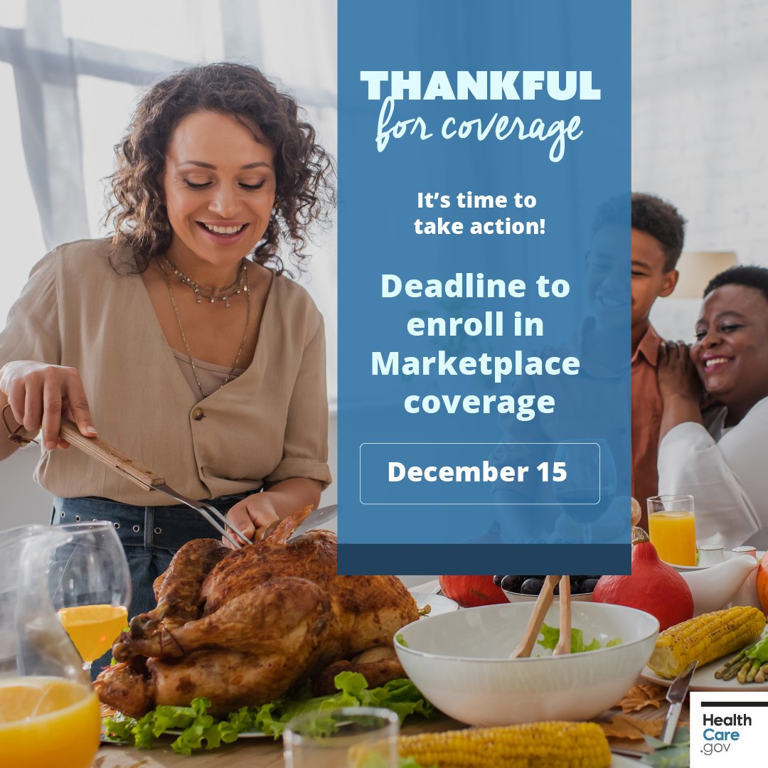 Happy #Thanksgiving! One thing to be thankful for this year is that HealthCare.gov plans cover 10 essential benefits, including primary care, prescriptions, and more! 
Enroll by Dec 15 and #GetCovered! healthcare.gov/get-coverage
#MarketplaceOE