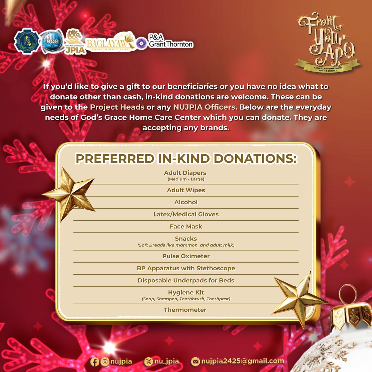 nu_jpia's tweet photo. 🎄✨ “Christmas isn’t just about opening presents; it’s about opening hearts.”
Support From Your Apo: A Special Christmas Drive for the Elderly through our exclusive merchandise sale! 🎁 Share blessings &amp; spread love this season. 
#COMEXProject2024 #FromYourApo #NUJPIA2425 https://t.co/wtsc6urnTp