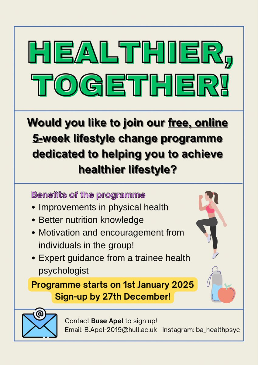 Looking for participants to join our 5-week lifestyle change program to improve their physical health and wellbeing. 

#HealthyLiving #PhysicalActivity #HealthyEating #Nutrition #exercise #mentalhealth #BehaviourChange #UKHealth #Hull