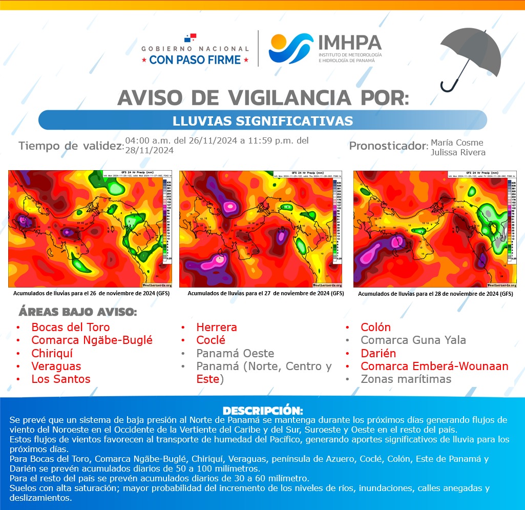 Recordar que <a href="/imhpapma/">IMHPA</a> mantiene dos Avisos de Vigilancia, vigentes hasta el 28/11/24, por: fuertes oleajes y lluvias significativas, en el país. Posibles inundaciones. Tomar precaución. <a href="/VOSTpanama/">VOST Panamá</a> <a href="/UniEmergPma/">UnidEmergPMA</a> <a href="/EmergenciaPty/">Emergencia Digital Panamá</a> <a href="/SistemaDeAlerta/">🇵🇦 Sistema de Alertas y Emergencias Panamá</a>