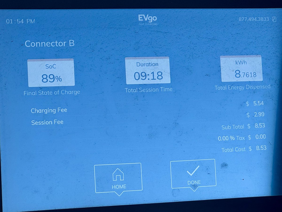 SeasonedTech's tweet image. Hi EVgo: $1/kWh?! Session fee?!? 🤔 

Charged 8.76 kWh for $8.53—almost double Tesla Supercharger rates! Charging should be affordable to keep EVs accessible for everyone.

#EVCharging #EVgo #CybertruckCharging #TeslaCharging