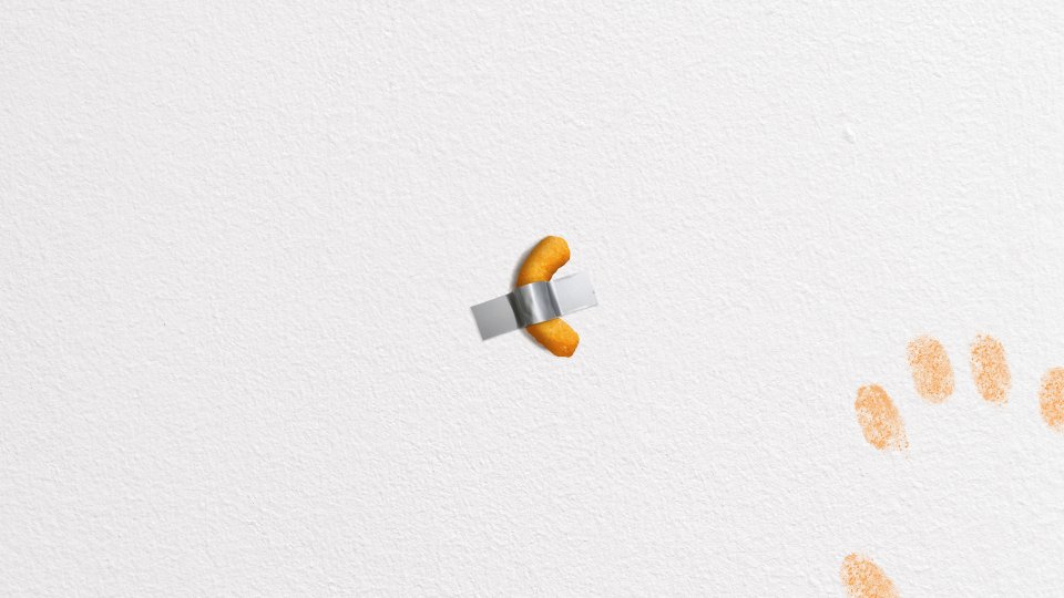 ctwcoin's tweet photo. Banana taped to a wall ran so a Cheeto taped to a wall could fly🧡 #Cheetos #ViralArt #BananaArt #CheetosPuff #Solana https://t.co/AU6y33fePJ