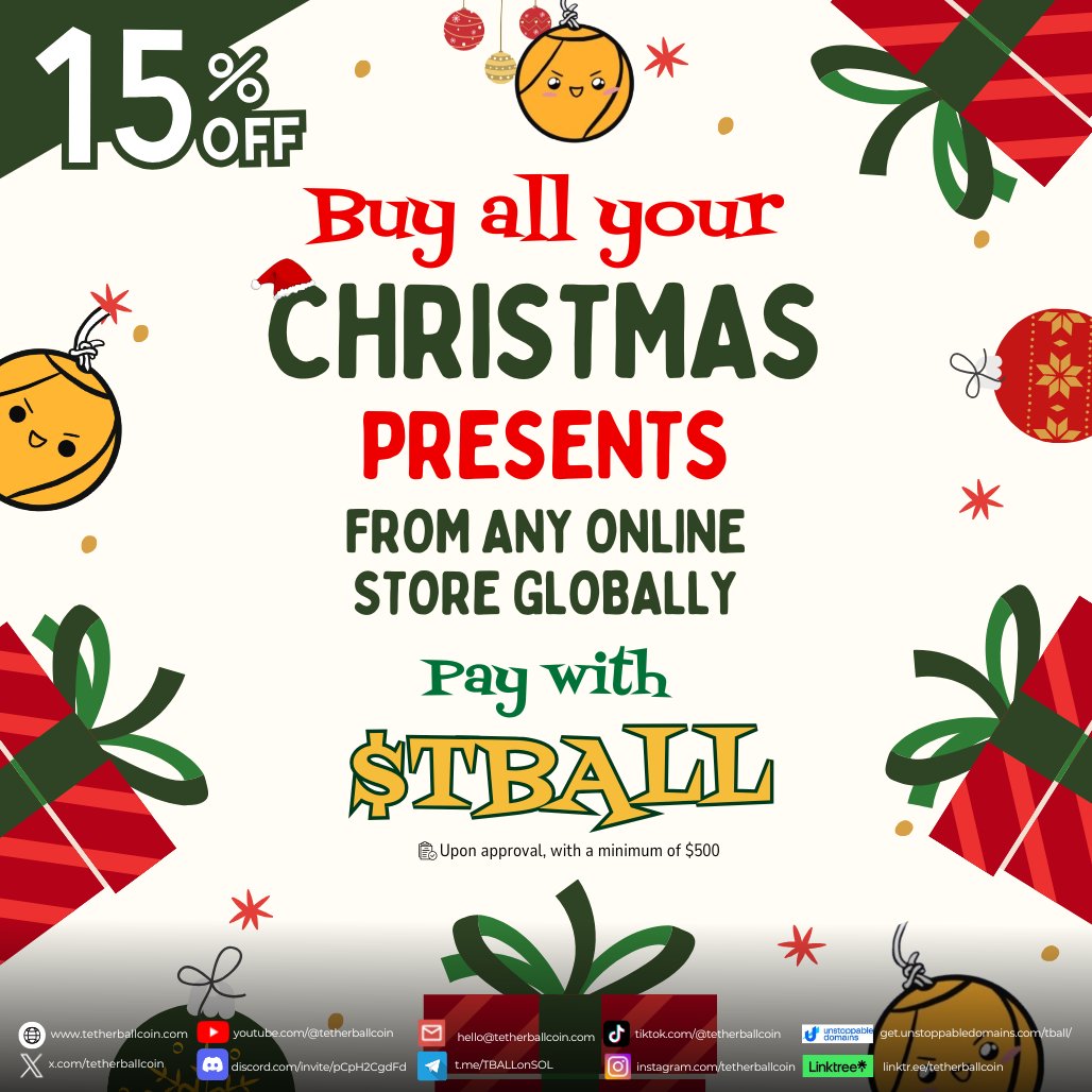 tetherballcoin's tweet photo. 🎄 Use $TBALL to buy anything online from any website! 🛒
🎁 #Shop smarter this holiday season—buy all your #Christmas presents and enjoy exclusive discounts when you pay with $TBALL! 💳
✨ The Super Utility #Memecoin makes holiday shopping easy and rewarding. 🚀
#TBALL #Crypto #UtilityCoin #BlackFriday #tetherball $SOL #bitcoin #tether #solana #BuiltDifferent #KISSMethod #online #crypto #shopping