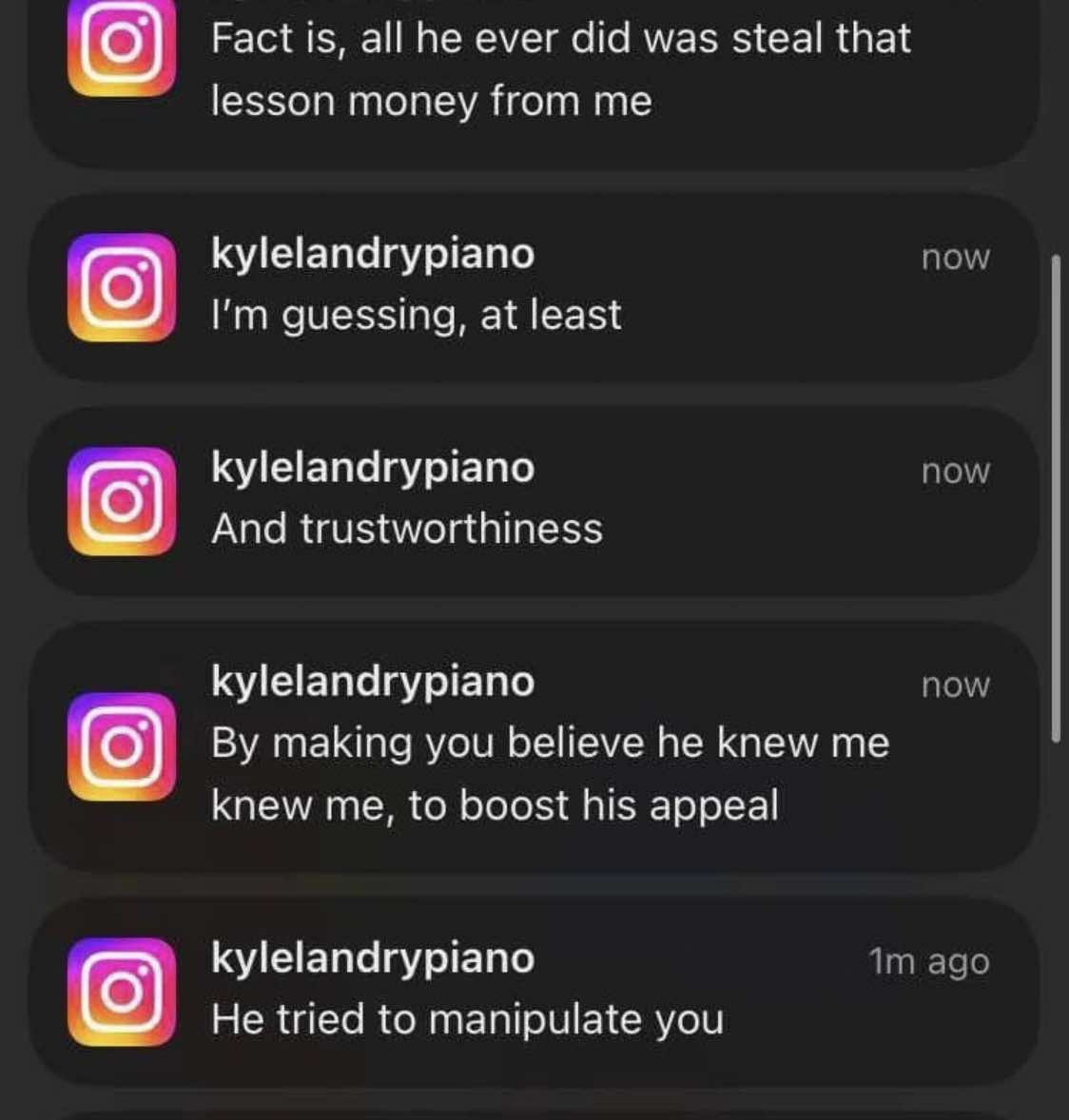 StephensonAlert's tweet image. Matthew Stephenson @PoemOfFire  also stole lesson money from popular pianist @kylelandrypiano 

Matthew posted his photos on instagram but did not bother to tag him, but rather use him as 'social proof' to boost his appeal 

More of his manipulation tactics and scumbag behavior