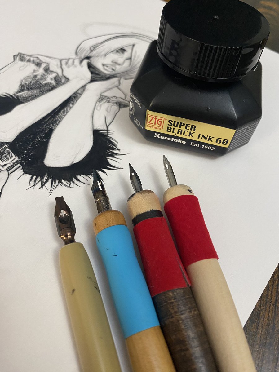 h_kstash's tweet photo. Current tools of choice, #102 crowquill, #107 crowquill, Hunt #56/22b and an assortment of round hand broad edge nibs. Zig Super Black 60 is a no-brainer, best ink on the market, can’t say enough about it. https://t.co/LGUtYw25fD