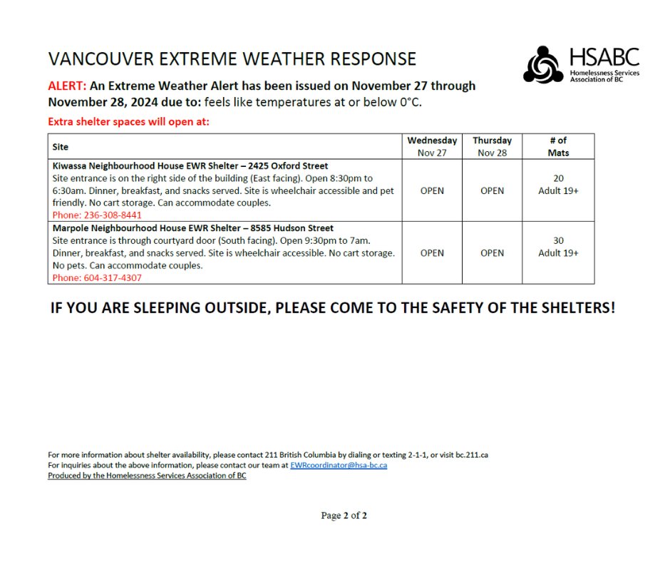 Due to an extreme weather alert for cold temperatures, additional shelter spaces will be open tonight (Nov. 27) and tomorrow (Nov. 28). Details below ⬇️

Translations available: 繁體中文 | 简体中文 | Tagalog| Español |ਪੰਜਾਬੀ | Tiếng Việt 
1/7