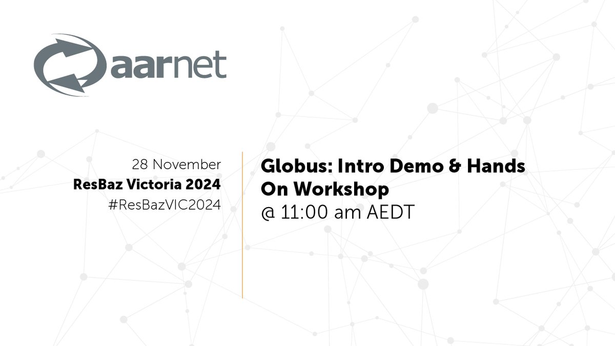 AARNet's tweet photo. We're here for the last day of #ResBazVIC2024!
Join us at 11am for an introduction demo and hands-on workshop with @Globus or stop by our table to say hi to the #AARNet team!
See the full program at https://t.co/1i3T8Ggwu5
#ResBaz #DataMovement #Globus #Monash https://t.co/fSRcFpXb6A