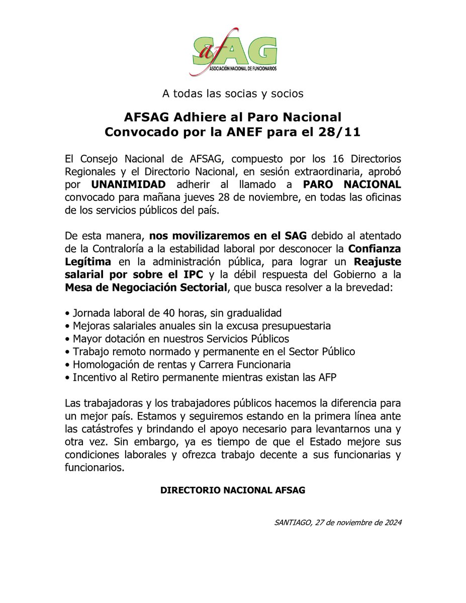 AfsagNacional's tweet photo. Nos adherimos y movilizaremos en el SAG por el atentado de la Contraloría a la estabilidad laboral por desconocer la *Confianza Legítima*; por un *Reajuste salarial* por sobre el IPC y la débil respuesta del Gobierno a la MSP.
@anefchile 
https://t.co/rCkmvO2mBO https://t.co/iq9NwKyN9C