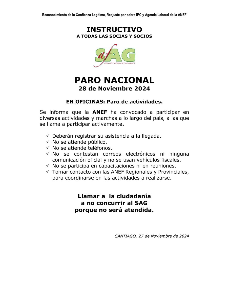 AfsagNacional's tweet photo. Nos adherimos y movilizaremos en el SAG por el atentado de la Contraloría a la estabilidad laboral por desconocer la *Confianza Legítima*; por un *Reajuste salarial* por sobre el IPC y la débil respuesta del Gobierno a la MSP.
@anefchile 
https://t.co/rCkmvO2mBO https://t.co/iq9NwKyN9C