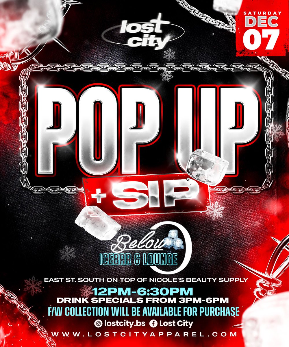 mateliart's tweet photo. Lost City Fall/Winter Drop Pop Up + Sip!
Saturday Dec 7th, 2024 

📍Below 0 Icebar &amp; Lounge (East St South, On top of Nicole’s Beauty Supply)
12PM-6:30PM

Full F/W collection will be available for purchase! ❄️ 🏙️

Drink Specials (3PM-6PM)
https://t.co/yrzYK5iMvN https://t.co/HNSmOpw7gG
