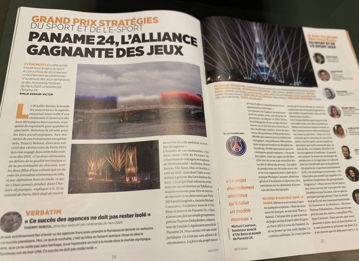 CaretteJ's tweet photo. Merci @Strategies pour ce grand prix qui célèbre une aventure unique qui nous émeut encore quelques mois après, et pour l’hommage à toutes les équipes mobilisées pendant plus de 2 ans #Paname24 #ceremoniesJO2024 #GPstrategies @auditoire @ubi_bene #Obo #Double2 @Havas_Events https://t.co/FWA4LPYoDv