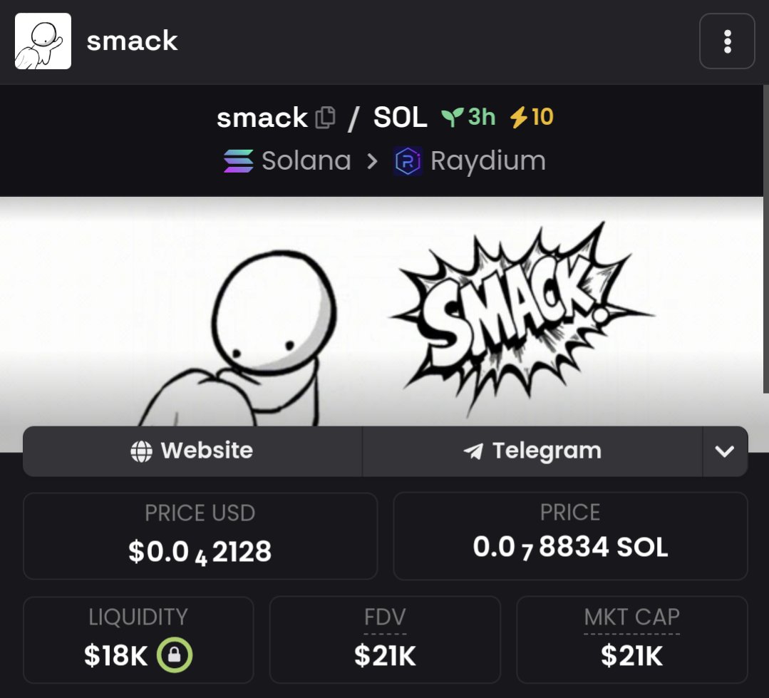 $SMACK 
Dev rugged us but we did a CTO and building a strong community 💪 
Holding a solid floor at 20k mcap with a catchy ticker the only way is up 🚀 
CA:
69fDoD7U8sZVZ5kwq3yhme2En85zcpHb7cZwuuYCpump
Telegram: t.me/BUTA_CTO_BUTA