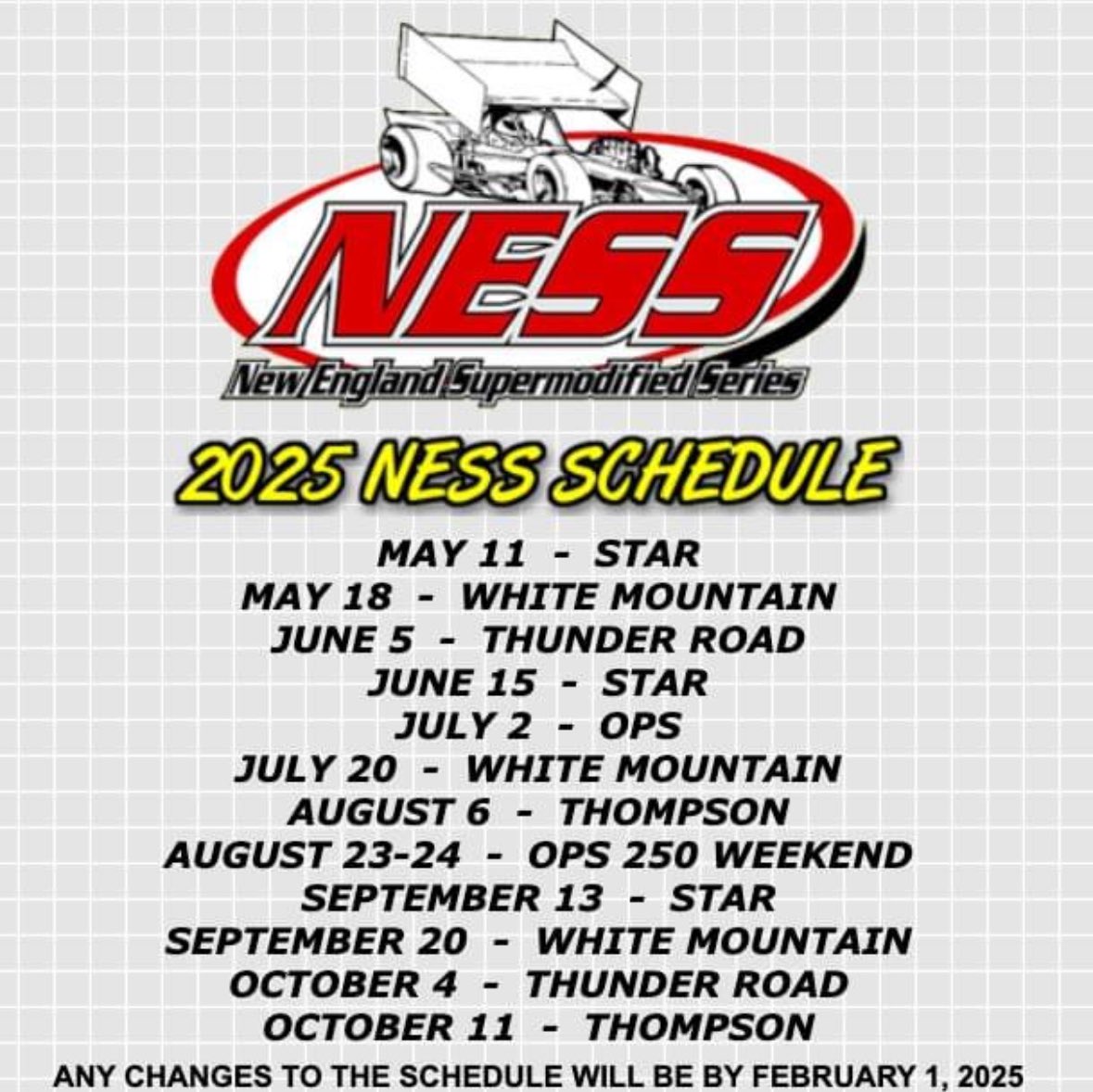 AllThingsSuperm's tweet image. Preliminary 2025 Schedule for the NESS New England Supermodified Series 🗓️

@StarSpeedwayNH 
@ThunderRoadVT 
@OxfordPlains 
@ThompsonSpdwy 

More information can be found at the link below👇🏻 @PASSSLM 

proallstarsseries.com

#Supermodifieds