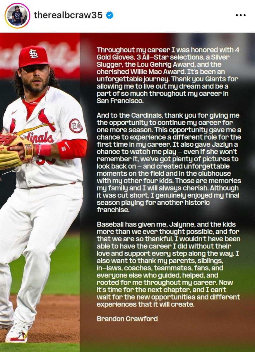 PavlovicNBCS's tweet photo. Brandon Crawford announced his retirement on his Instagram page. He grew up dreaming of being the Giants shortstop and ended up doing it for 13 seasons. A pretty incredible career: https://t.co/VJRKMnql5I