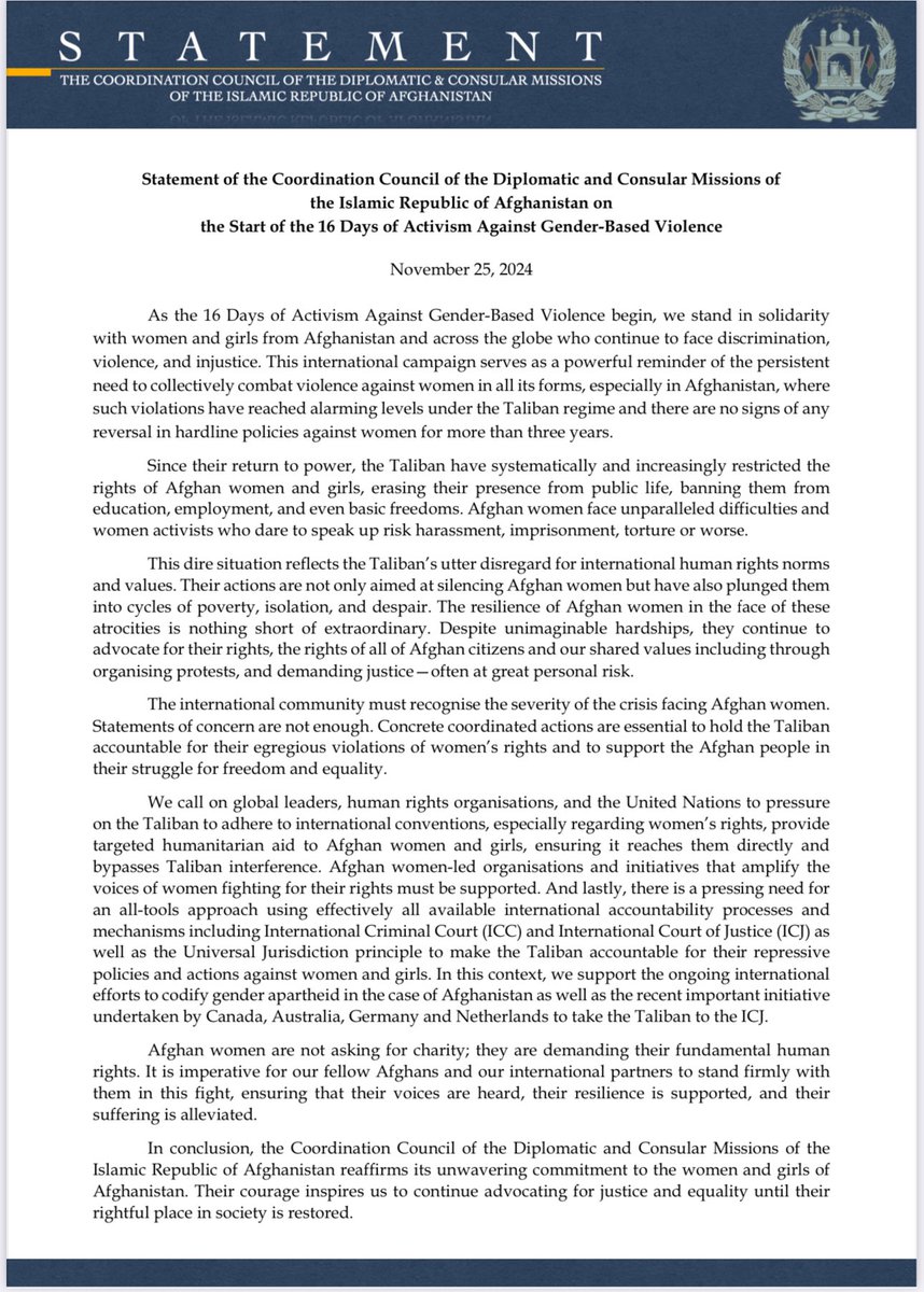 AfghanistanInPL's tweet photo. Statement of the Coordination Council of the Diplomatic and Consular Missions of
the Islamic Republic of Afghanistan on
the Start of the 16 Days of Activism Against Gender-Based Violence https://t.co/J7fFgfGIh8