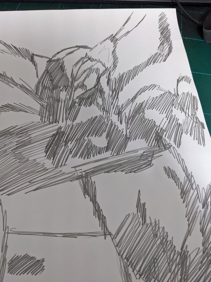 ご依頼いただいたコミッションの制作過程です。ビッグコンボイと対になるマグマトロン・カラー・バストショット。リクエストありがとうございます!①ラフを描きます②ラフ画を仕上げます③ラフ画を拡大コピーして裏からシャーペンで塗りつぶします