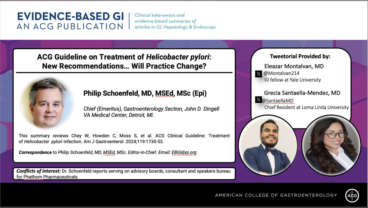 Evidence-Based GI: An ACG Publication (EBGI) (@acg_ebgi) on Twitter photo 1/11 ⏰ for #EBGI Tweetorial🧵w/ <a href="/Montalvan214/">Eleazar Montalvan “Monte”</a> & <a href="/SantaellaMD/">Grecia Santaella Méndez</a>!
“ACG Guideline on Treatment of Helicobacter pylori: New recommendations…Will practice change?”
📜 tinyurl.com/2vmfu7c3
🎧 tinyurl.com/yck5v4z2
📰 tinyurl.com/5ebrnnfx 1/11 ⏰ for #EBGI Tweetorial🧵w/ <a href="/Montalvan214/">Eleazar Montalvan “Monte”</a> & <a href="/SantaellaMD/">Grecia Santaella Méndez</a>!
“ACG Guideline on Treatment of Helicobacter pylori: New recommendations…Will practice change?”
📜 tinyurl.com/2vmfu7c3
🎧 tinyurl.com/yck5v4z2
📰 tinyurl.com/5ebrnnfx