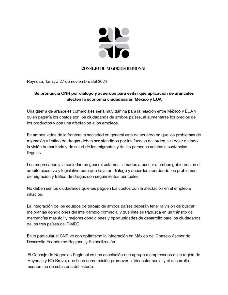 Consejo_deNR's tweet photo. La imposición arancelaria resultaría en una afectación severa a la economía de la población tanto de #México como de #EUA. 

En el #CNR nos pronunciamos a favor del diálogo y los acuerdos para un combate efectivo contra el tráfico de drogas, la atención al fenómeno migratorio. https://t.co/Ou8xxikiP7
