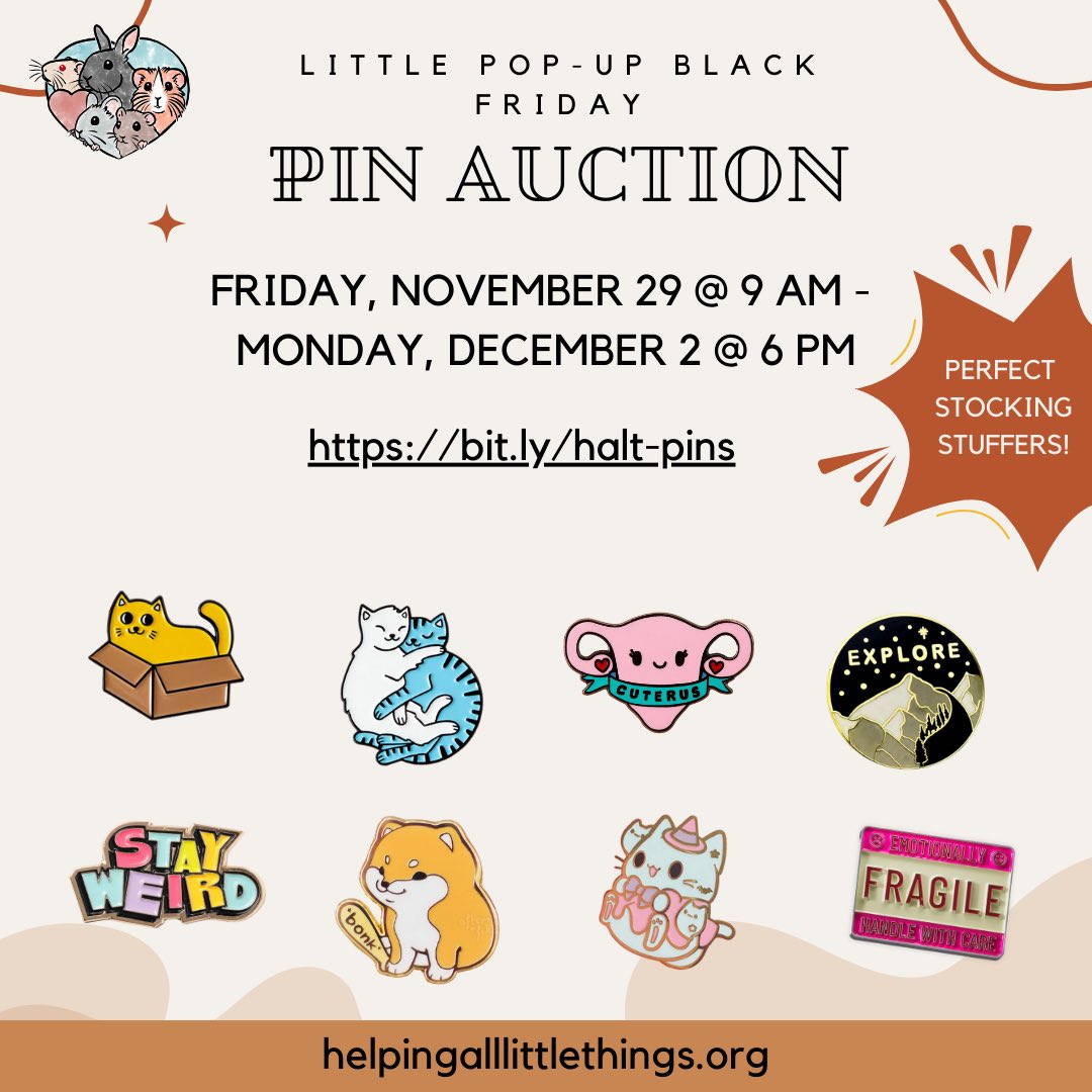 Our Little Pop-Up Black Friday Pin Auction is coming up - don’t miss it! This is a great way to help the rescue and get your stocking stuffers! We’ll have a wide assortment of enamel pins. 

It starts Friday at 9 AM EST and ends Monday at 6 PM EST. 

➡️ bit.ly/halt-pins