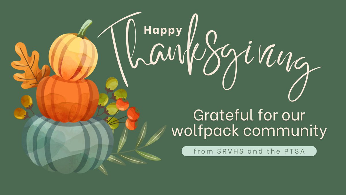 🦃 Happy Thanksgiving, Wolfpack! 🍁
We’re so grateful for our amazing SRVHS community. It takes a pack to make everything the PTSA does possible, and we couldn’t do it without our dedicated volunteers &amp; supportive families. Thank you for all you do! 🧡
#ThankfulForOurWolfpack