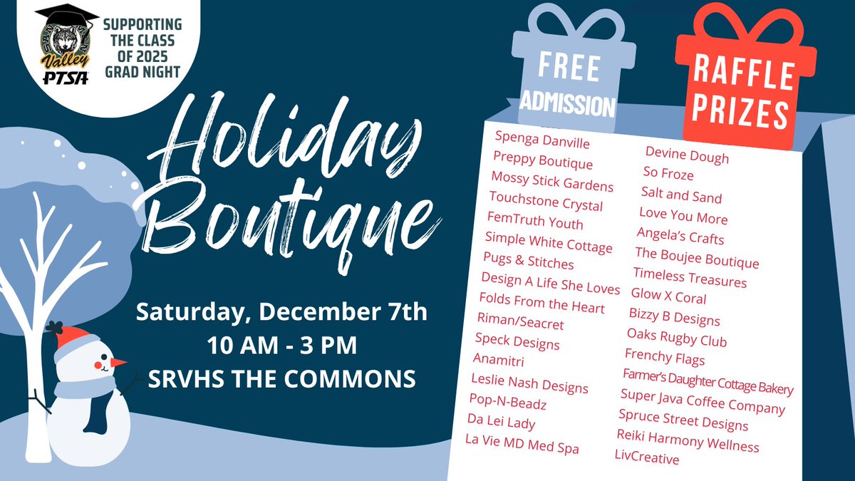 🎄 7 days to go! Join us for the SRVHS Holiday Boutique on Dec 7 from 10 AM - 3 PM in the SRVHS Commons! Shop unique, handmade gifts from local vendors &amp; support Grad Night 2025. Don’t miss out on this festive tradition! 🎁

 #SRVHolidayBoutique #ShopLocal #SupportSmallBusiness