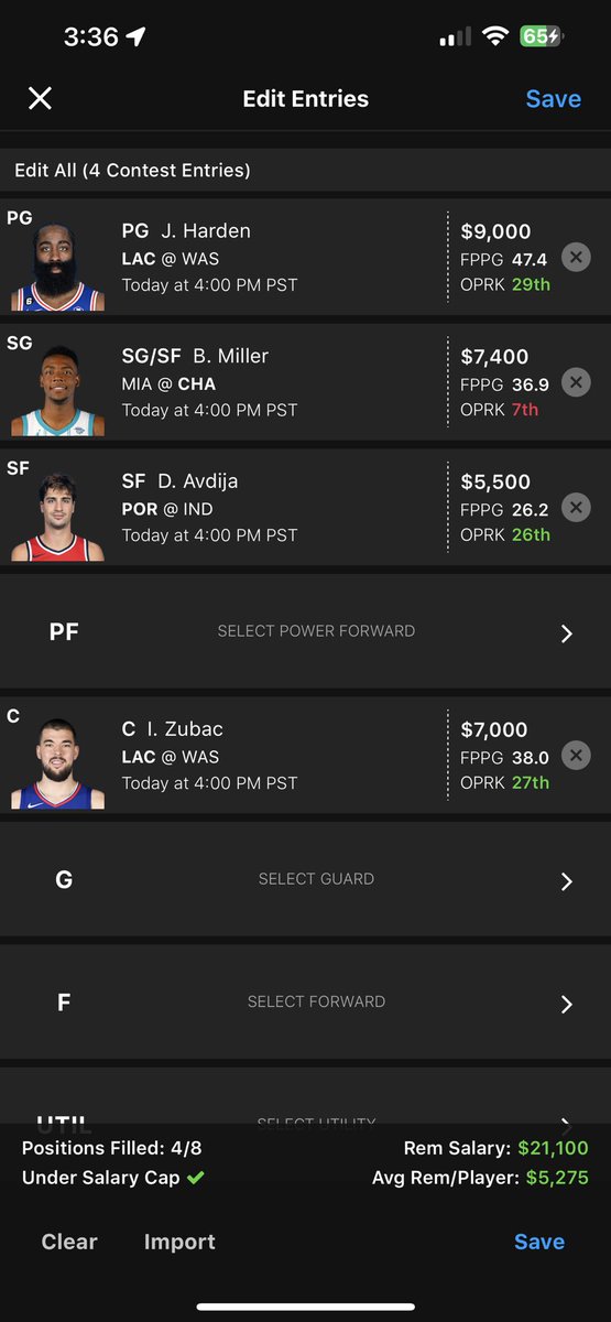 Let’s goooo, like the clippers bounce back, Miller is just playing huge minutes &amp; 3K price difference from melo, and deni starting is cheap so I’m takin a chance on him