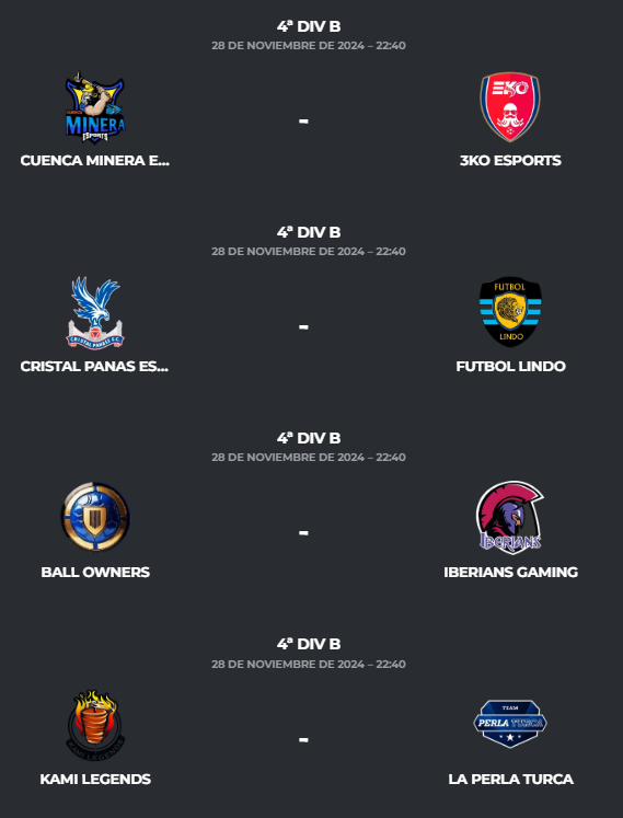 PLG_Spain's tweet photo. 📅𝐉𝐨𝐫𝐧𝐚𝐝𝐚 1⃣2⃣ - 𝟒ª 𝐃𝐢𝐯𝐢𝐬𝐢𝐨́𝐧 𝐁
⏰ 22:40
⚔️ @CMineraeSports 🆚 @3KO_eSports
⚔️ @CristalPanas 🆚 @FutbolLindoCF
⚔️ @BallOwners2024 🆚 @IberiansGaming
⚔️ #KamiLegends 🆚 @laperlaturca77
⚔️ @Marbella_FC_ 🆚 @_Virus_Gaming
⚔️ @MRJAeSport 🆚 @UltimateEsp17
⚔️ @NazgulNation 🆚 @transformers_cf
⚔️ @generalrrap 🆚 #StrikeBack
📺 ¿Emites alguno de estos partidos? 👇 Déjanos en comentarios tu link para disfrutar de la jornada.
#8PLG #4YOU 🫵🏻