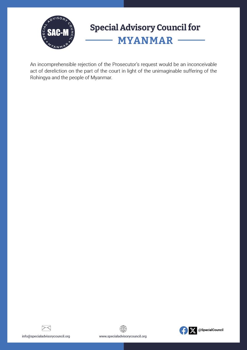 SAC-M welcomes the application filed by the #ICC Prosecutor for the issuance of an arrest warrant for Min Aung Hlaing for the crimes against humanity of deportation &amp; persecution of the #Rohingya.

ICC judges must issue an arrest warrant without delay

PR: specialadvisorycouncil.org/2024/11/arrest…