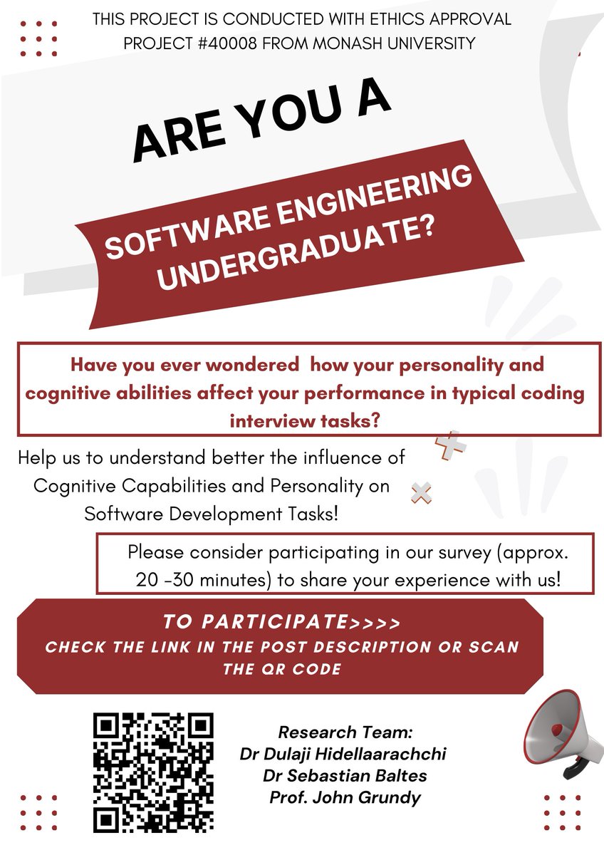Dulaji Hidellaarachchi (@dulajidinupama) on Twitter photo π’Calling all Software Engineering Undergrads!
Curious how your personality & cognitive abilities impact coding interview tasks?
π Take our 20-30 min survey & share your experiences!
π Click on the link below or scan the QR code
<a href="/s_baltes/">Sebastian Baltes</a> <a href="/ProfJohnGrundy/">Prof John Grundy</a> <a href="/HumaniseL/">@HumaniSE_Lab</a> π’Calling all Software Engineering Undergrads!
Curious how your personality & cognitive abilities impact coding interview tasks?
π Take our 20-30 min survey & share your experiences!
π Click on the link below or scan the QR code
<a href="/s_baltes/">Sebastian Baltes</a> <a href="/ProfJohnGrundy/">Prof John Grundy</a> <a href="/HumaniseL/">@HumaniSE_Lab</a>