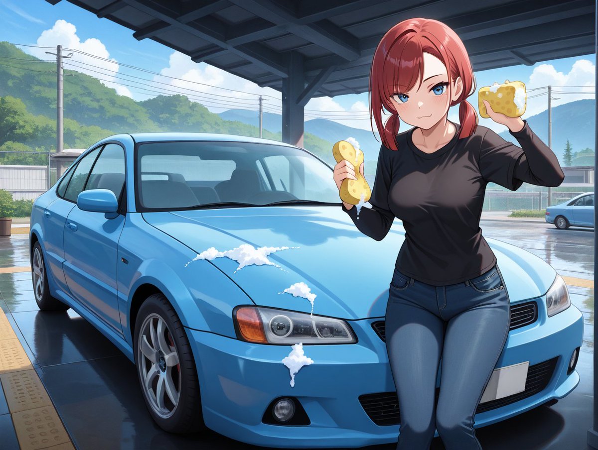 yukyu_haruka's tweet image. 11月28日は「洗車の日」「イ（1）イ（1）ツ（2）ヤ（8）」と読む語呂合わせから。洗車をすることで愛車への愛着を高める日でもある。&quot;sponge&quot;&quot;soap bubbles&quot; があればそれぽく出力できますが、車の中まで泡まみれになったり、車内アングルになるとカオスな画像できたり修正の余地あり #AIイラスト