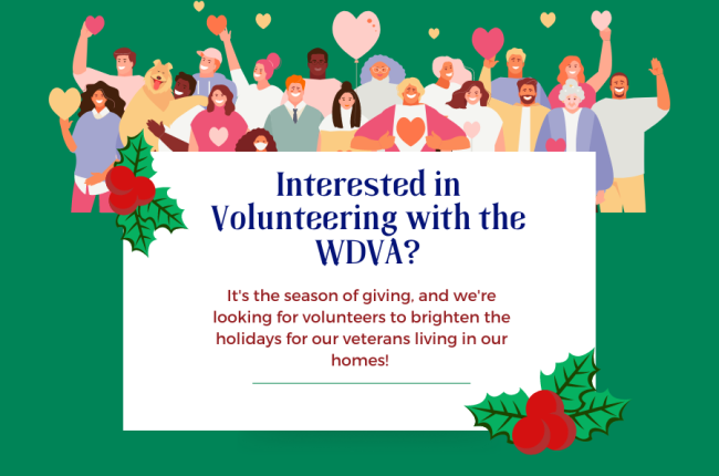 VOLUNTEERS NEEDED...Be a Hero and Volunteer for Veterans!

Give back to those who have served by spending some time with them and volunteering at one of our Veterans Homes (Port Orchard, Orting, Walla Walla, Spokane).

To learn more: dva.wa.gov/news/2024/be-h…