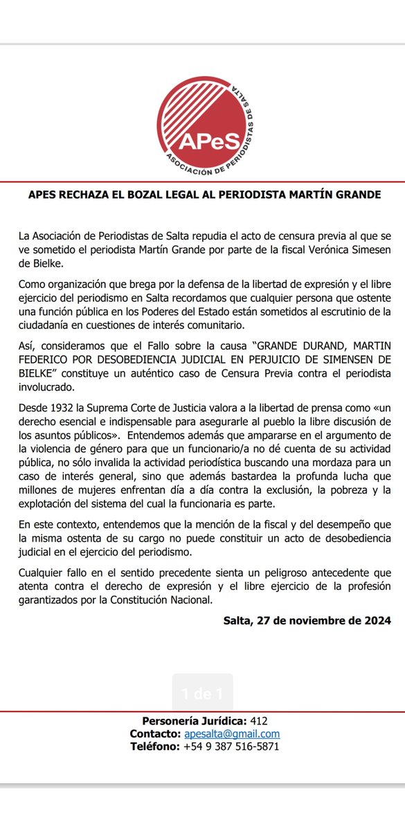 El Repasador (@erepasador) on Twitter photo Que un periodista tenga prohibido nombrar a una funcionaria pública, constituye un indicio de censura previa
La Libertad de prensa es pilar de la democracia
Nuestra solidaridad con <a href="/MartinGrandeok/">Martin Grande</a>
Ayer nos tocó a nosotros, hoy a el, mañana a cualquier otro periodista Que un periodista tenga prohibido nombrar a una funcionaria pública, constituye un indicio de censura previa
La Libertad de prensa es pilar de la democracia
Nuestra solidaridad con <a href="/MartinGrandeok/">Martin Grande</a>
Ayer nos tocó a nosotros, hoy a el, mañana a cualquier otro periodista