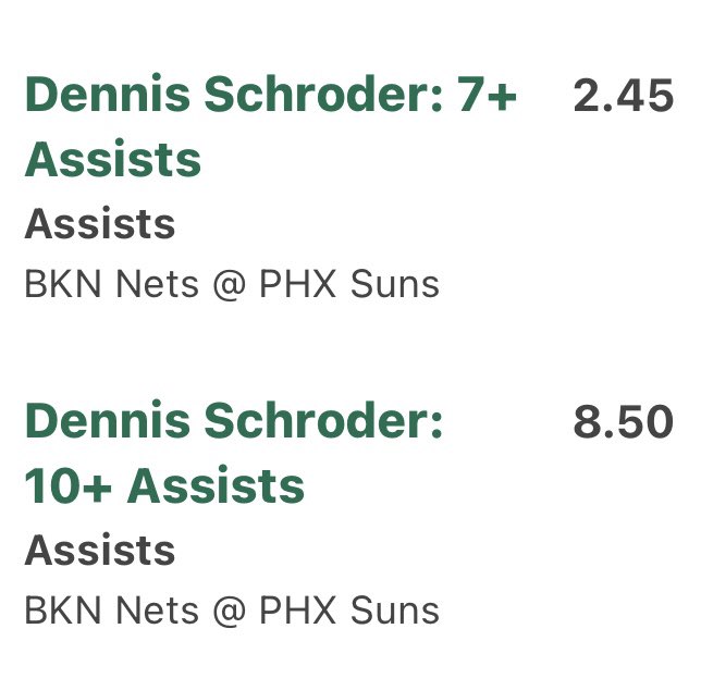 Dennis Schroder Assists

2.45, 8.50

1u, 0.5u