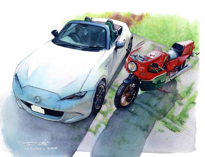 NDロードスターとDUCATI900MHRの水彩イラストWatercolor illustration of Mazda Roadster ND and DUCATI 900MHR(2021)#illustration #watercolor #透明水彩 #painting #車イラスト #バイクイラスト #mx5 #roadster #900mhr #Ducati 