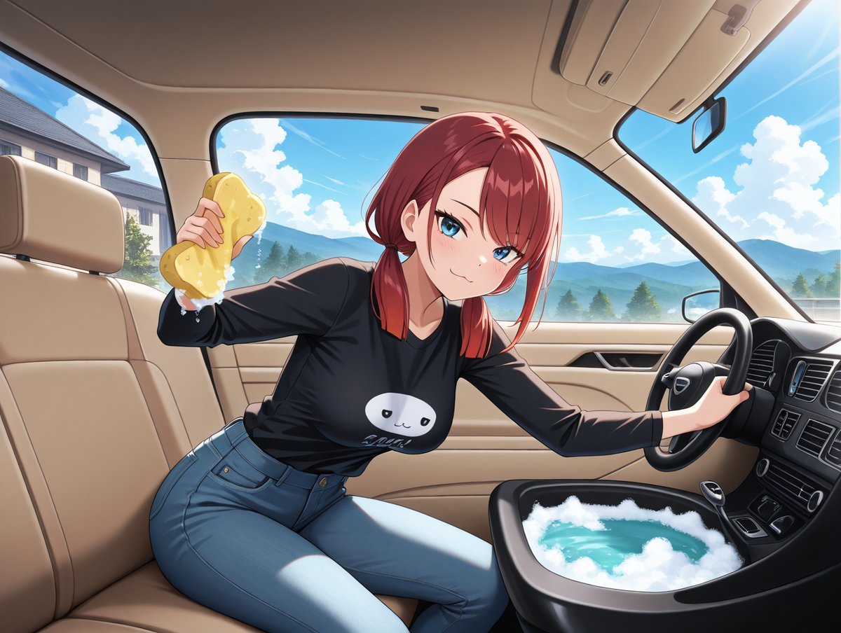yukyu_haruka's tweet image. 11月28日は「洗車の日」「イ（1）イ（1）ツ（2）ヤ（8）」と読む語呂合わせから。洗車をすることで愛車への愛着を高める日でもある。&quot;sponge&quot;&quot;soap bubbles&quot; があればそれぽく出力できますが、車の中まで泡まみれになったり、車内アングルになるとカオスな画像できたり修正の余地あり #AIイラスト